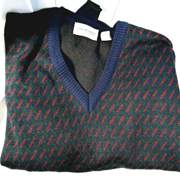 Vintage Wool Mix Murano Grandpa Sweater Mens Large Navy Blue Green Maroon V Neck - Picture 5 of 12